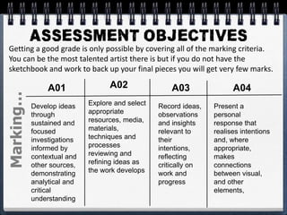 A01
Develop ideas
through
sustained and
focused
investigations
informed by
contextual and
other sources,
demonstrating
analytical and
critical
understanding
A02
Explore and select
appropriate
resources, media,
materials,
techniques and
processes
reviewing and
refining ideas as
the work develops
A03
Record ideas,
observations
and insights
relevant to
their
intentions,
reflecting
critically on
work and
progress
A04
Present a
personal
response that
realises intentions
and, where
appropriate,
makes
connections
between visual,
and other
elements,
Marking…
Getting a good grade is only possible by covering all of the marking criteria.
You can be the most talented artist there is but if you do not have the
sketchbook and work to back up your final pieces you will get very few marks.
 