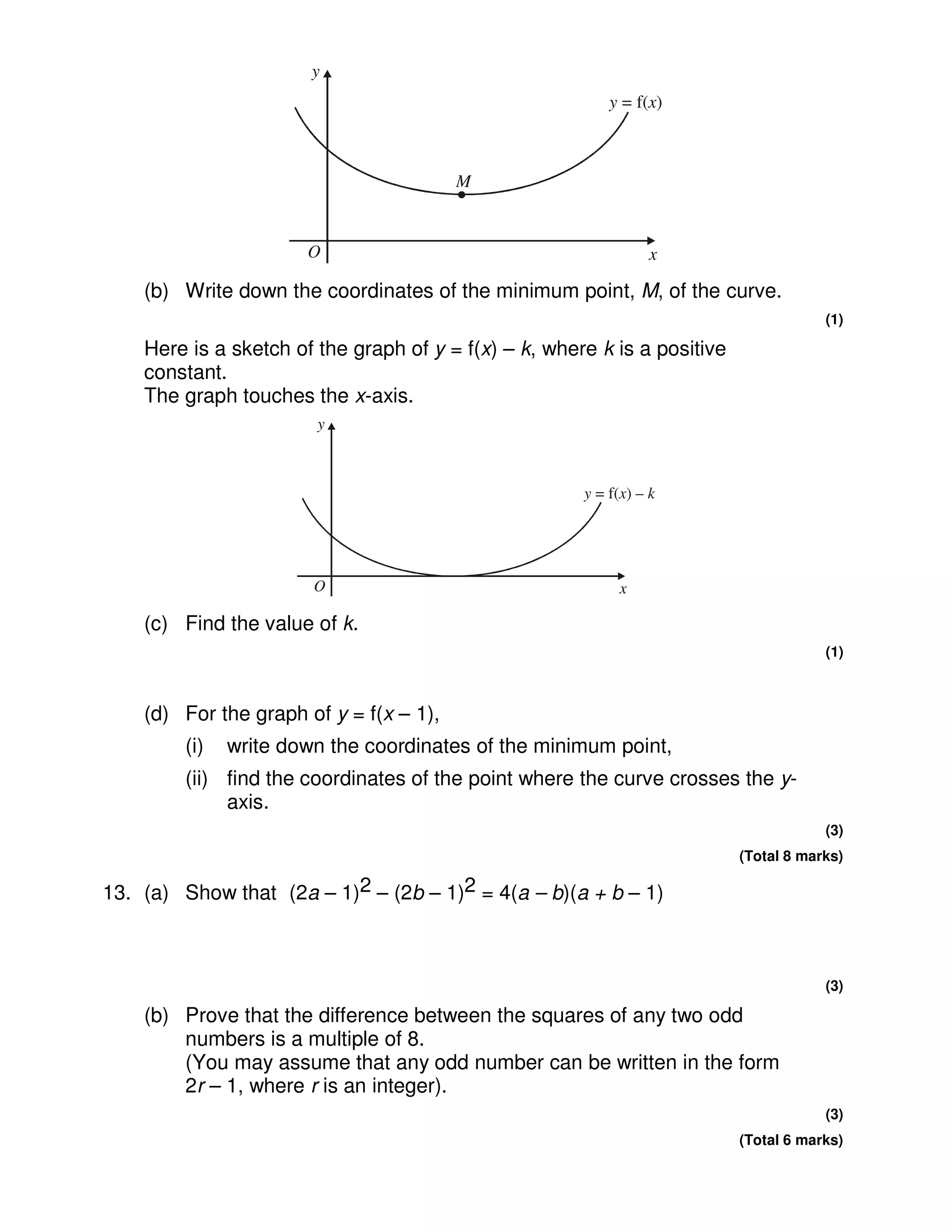 y
                                                           y = f(x)



                                         M


                       O                                          x

    (b) Write down the coordinates of the minimum point, M, of the curve.
                                                                                       (1)

    Here is a sketch of the graph of y = f(x) – k, where k is a positive
    constant.
    The graph touches the x-axis.
                        y



                                                       y = f(x) – k




                       O                                     x

    (c) Find the value of k.
                                                                                       (1)



    (d) For the graph of y = f(x – 1),
        (i)   write down the coordinates of the minimum point,
        (ii) find the coordinates of the point where the curve crosses the y-
             axis.
                                                                                       (3)
                                                                           (Total 8 marks)

13. (a) Show that (2a – 1)2 – (2b – 1)2 = 4(a – b)(a + b – 1)



                                                                                       (3)

    (b) Prove that the difference between the squares of any two odd
        numbers is a multiple of 8.
        (You may assume that any odd number can be written in the form
        2r – 1, where r is an integer).
                                                                                       (3)
                                                                           (Total 6 marks)
 