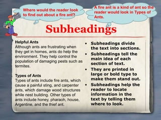 Where would the reader look 
to find out about a fire ant? 
Subheadings 
• Subheadings divide 
the text into sections. 
• Subheadings tell the 
main idea of each 
section of text. 
• They are printed in 
large or bold type to 
make them stand out. 
• Subheadings help the 
reader to locate 
information in the 
text by telling them 
where to look. 
Helpful Ants 
Although ants are frustrating when 
they get in homes, ants do help the 
environment. They help control the 
population of damaging pests such as 
termites. 
Types of Ants 
Types of ants include fire ants, which 
cause a painful sting, and carpenter 
ants, which damage wood structures 
while nest building. Other types of 
ants include honey, pharaoh, house, 
Argentine, and the thief ant. 
A fire ant is a kind of ant so the 
reader would look in Types of 
Ants. 
 