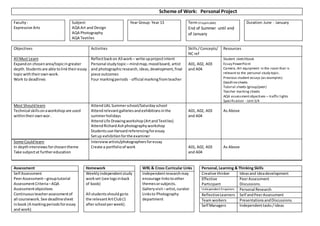 Scheme of Work: Personal Project
Faculty:
Expressive Arts
Subject:
AQA Art and Design
AQA Photography
AQA Textiles
Year Group: Year 13 Term (if applicable):
End of Summer until end
of January
Duration:June - January
Objectives Activities Skills/Concepts/
NC ref
Resources
All Must Learn
Expandon chosenarea/topicingreater
depth.Studentsare able tolinktheiressay
topicwiththeirownwork.
Work to deadlines
Reflectback on ASwork – write upprojectintent
Personal studytopic– mindmap,moodboard, artist
and photographicresearch,ideas,development,final
piece outcomes
Four markingperiods - official markingfromteacher
A01, A02, A03
and A04
Student sketchbook
Essay PowerPoint
Camera, Art equipment in the room that is
relevant to the personal study topic.
Previous student essays (as examples)
Deadlinesheets
Tutorial sheets (group/peer)
Teacher marking sheets
AQA assessmentobjectives – traffic lights
Specification - Unit3/4
Most Shouldlearn
Technical skillsonaworkshop are used
withintheirownwor.
AttendUAL Summerschool/Saturdayschool
Attendrelevantgalleriesandexhibitionsinthe
summerholidays
AttendLife Drawingworkshop(ArtandTextiles)
AttendRichardAshphotographyworkshop
Studentsuse Harvardreferencingforessay
Setup exhibitionforthe examiner
A01, A02, A03
and A04
As Above
Some Couldlearn
In depthinterviewsforchosentheme
Take subjectat furthereducation
Interviewartists/photographersforessay
Create a portfolioof work A01, A02, A03
and A04
As Above
Assessment Homework WRL & Cross Curricular Links Personal,Learning & Thinking Skills
Self Assessment
PeerAssessment–grouptutorial
AssessmentCriteria–AQA
Assessmentobjectives
Continuous teacherassessmentof
all coursework. See deadlinesheet
inbook (4 markingperiodsforessay
and work)
Weekly independentstudy
workset (see logsinback
of book)
All studentsshould goto
the relevantArtClub(1
afterschool perweek).
Independentresearchmay
encourage linkstoother
themesorsubjects.
Galleryvisit–artist,curator
Linksto Photography
department
Creative thinker Ideasand ideadevelopment
Effective
Participant
PeerAssessment
Discussions.
Independent Enquirers Personal Research
ReflectiveLearners Self andPeerAssessment
Team workers PresentationsandDiscussions.
Self Managers Independenttasks/ideas
 