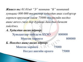Жишээ нь: 01.01нд “Э” компани “Б” компаний
хувьцааг 800 000 төгрөгөөр худалдан авах хэлбэрээр
хөрөнгө оруулалт хийж 75000 төгрөгийн ногдол
ашиг авчээ гэвэл дор дурдсан дансдын бичилт
хийгдэнэ.
А. Худалдан авсан өдрөөр:
Хувьцаагаар хийгдсэн БХХО 800000
Мөнгөн хөрөнгө 800000
Б. Ноогдол ашиг авсан өдрөөр:
Мөнгөн хөрөнгө 75000
Ногдол ашгийн орлого 75000
 