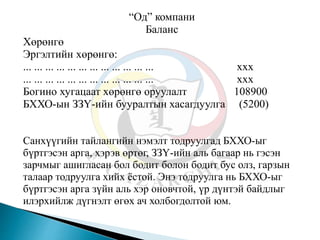 “Од” компани
Баланс
Хөрөнгө
Эргэлтийн хөрөнгө:
... ... ... ... ... ... ... ... ... ... ... ... ххх
... ... ... ... ... ... ... ... ... ... ... ... ххх
Богино хугацаат хөрөнгө оруулалт 108900
БХХО-ын ЗЗҮ-ийн бууралтын хасагдуулга (5200)
Санхүүгийн тайлангийн нэмэлт тодруулгад БХХО-ыг
бүртгэсэн арга, хэрэв өртөг, ЗЗҮ-ийн аль багаар нь гэсэн
зарчмыг ашигласан бол бодит болон бодит бус олз, гарзын
талаар тодруулга хийх ёстой. Энэ тодруулга нь БХХО-ыг
бүртгэсэн арга зүйн аль хэр оновчтой, үр дүнтэй байдлыг
илэрхийлж дүгнэлт өгөх ач холбогдолтой юм.
 