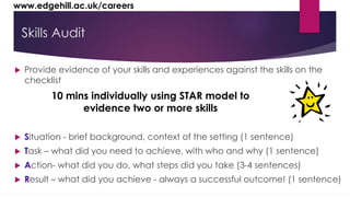 www.edgehill.ac.uk/careers 
Skills Audit 
 Provide evidence of your skills and experiences against the skills on the 
checklist 
10 mins individually using STAR model to 
evidence two or more skills 
 Situation - brief background, context of the setting (1 sentence) 
 Task – what did you need to achieve, with who and why (1 sentence) 
 Action- what did you do, what steps did you take (3-4 sentences) 
 Result – what did you achieve - always a successful outcome! (1 sentence) 
 