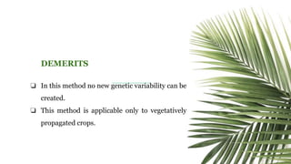 ❏ In this method no new genetic variability can be
created.
❏ This method is applicable only to vegetatively
propagated crops.
DEMERITS
 