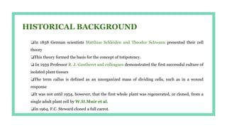 ❏In 1838 German scientists Matthias Schleiden and Theodor Schwann presented their cell
theory
❏This theory formed the basis for the concept of totipotency.
❏ In 1939 Professor R. J. Gautheret and colleagues demonstrated the first successful culture of
isolated plant tissues
❏The term callus is defined as an unorganized mass of dividing cells, such as in a wound
response
❏It was not until 1954, however, that the first whole plant was regenerated, or cloned, from a
single adult plant cell by W.H.Muir et al.
❏In 1964, F.C. Steward cloned a full carrot.
HISTORICAL BACKGROUND
 