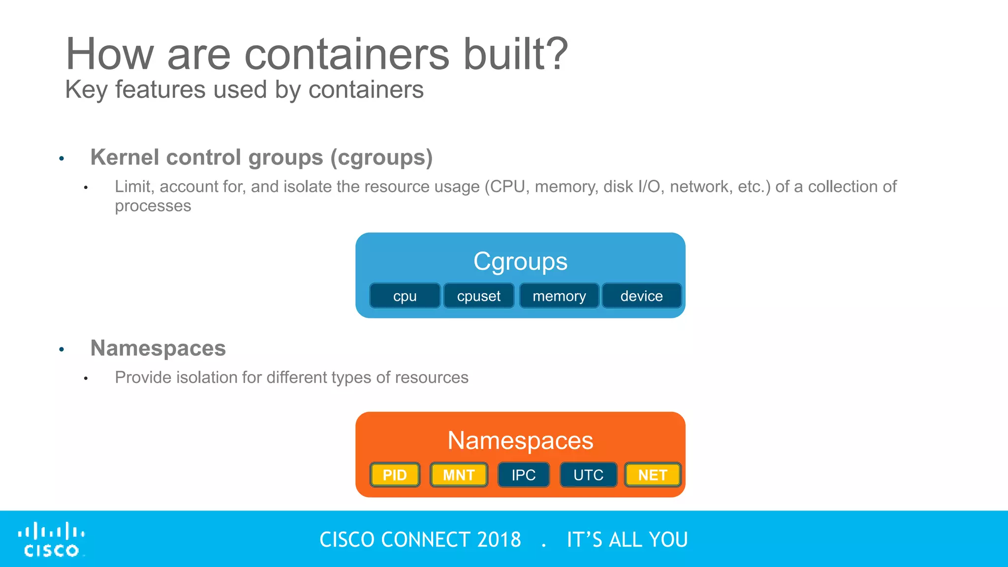© 2018 Cisco and/or its affiliates. All rights reserved.
CISCO CONNECT 2018 . IT’S ALL YOU
• Kernel control groups (cgroups)
• Limit, account for, and isolate the resource usage (CPU, memory, disk I/O, network, etc.) of a collection of
processes
• Namespaces
• Provide isolation for different types of resources
How are containers built?
Key features used by containers
Cgroups
cpu cpuset memory device
Namespaces
PID MNT IPC UTC NET
 
