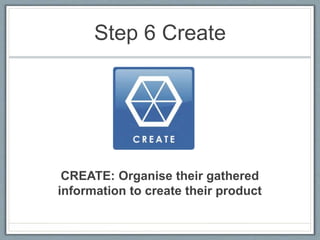 Step 6 Create
CREATE: Organise their gathered
information to create their product
 