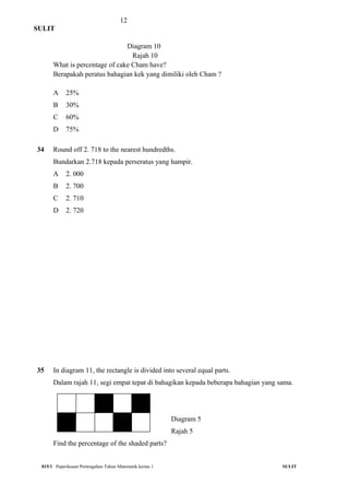 12
SULIT
Diagram 10
Rajah 10
What is percentage of cake Cham have?
Berapakah peratus bahagian kek yang dimiliki oleh Cham ?
A 25%
B 30%
C 60%
D 75%
34 Round off 2. 718 to the nearest hundredths.
Bundarkan 2.718 kepada perseratus yang hampir.
A 2. 000
B 2. 700
C 2. 710
D 2. 720
35 In diagram 11, the rectangle is divided into several equal parts.
Dalam rajah 11, segi empat tepat di bahagikan kepada beberapa bahagian yang sama.
Diagram 5
Rajah 5
Find the percentage of the shaded parts?
015/1 Peperiksaan Pertengahan Tahun Matematik kertas 1 SULIT
 