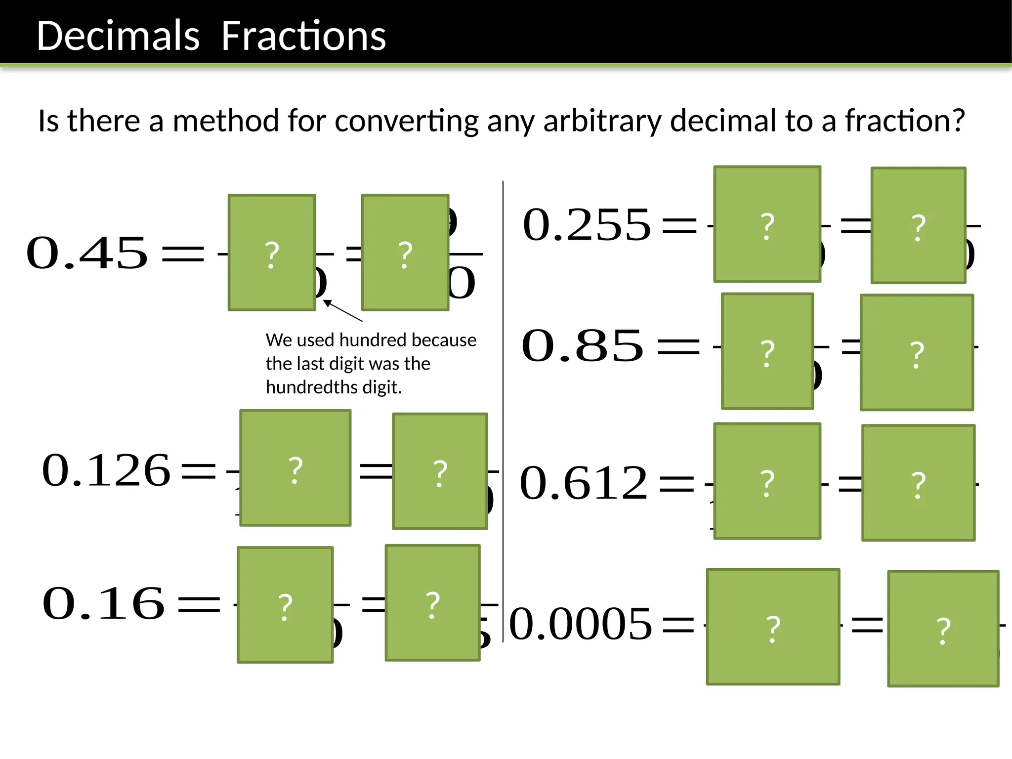 Decimals Fractions
Is there a method for converting any arbitrary decimal to a fraction?
0.45=
45
100
=
9
20
We used hundred because
the last digit was the
hundredths digit.
? ?
0.126=
12 6
1000
=
63
500
0.16=
16
100
=
4
25
0.255=
255
1000
=
51
200
0.612=
612
1000
=
153
250
0.0005=
5
10000
=
1
2000
? ?
? ?
0.85=
85
100
=
17
20
? ?
? ?
? ?
? ?
 