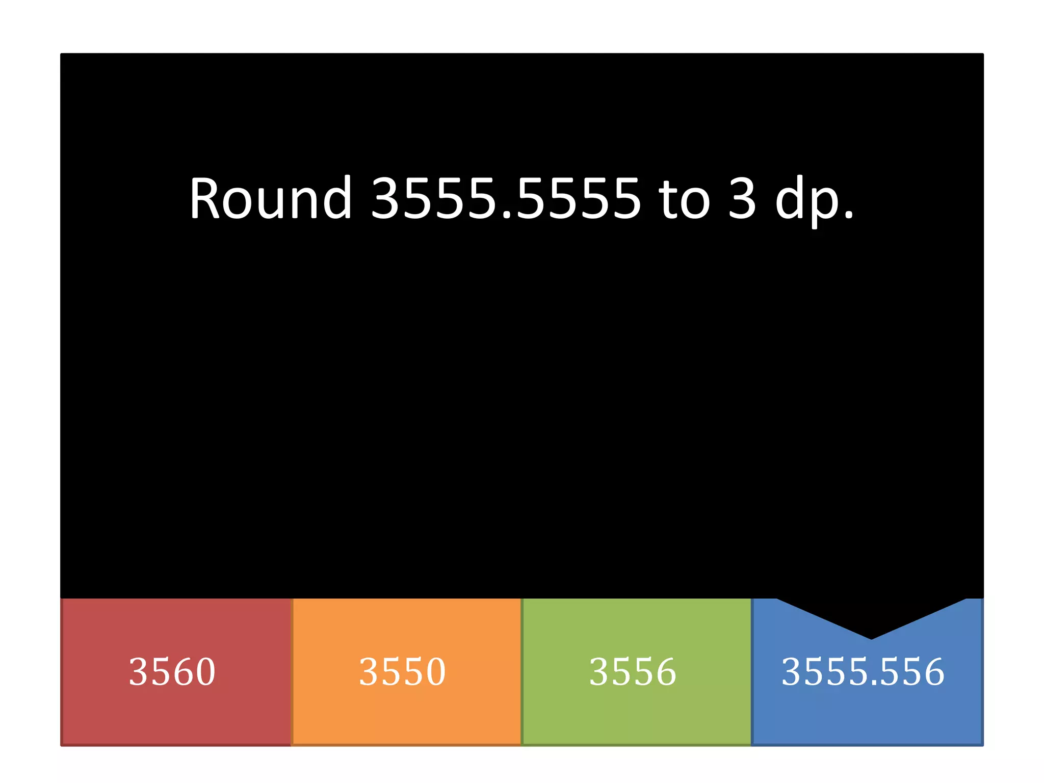3560 3550 3556 3555.556
Round 3555.5555 to 3 dp.
 