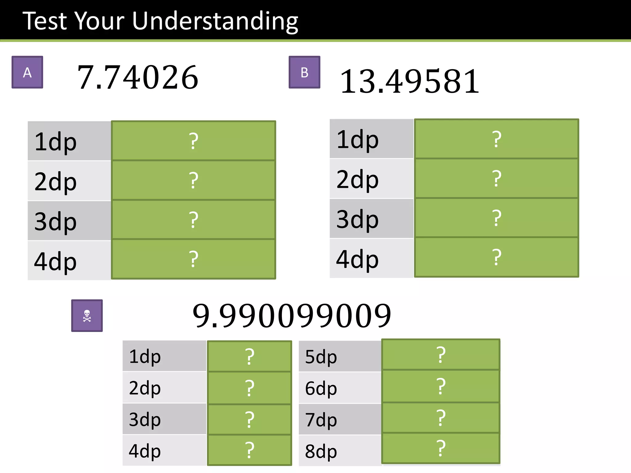 Test Your Understanding
13.49581
7.74026
1dp 13.5
2dp 13.50
3dp 13.496
4dp 13.4958
1dp 7.7
2dp 7.74
3dp 7.740
4dp 7.7403
9.990099009
1dp 10.0
2dp 9.99
3dp 9.990
4dp 9.9901
5dp 9.99010
6dp 9.990099
7dp 9.9900990
8dp 9.99009901
A B
N
?
?
?
?
?
?
?
?
?
?
?
?
?
?
?
?
 