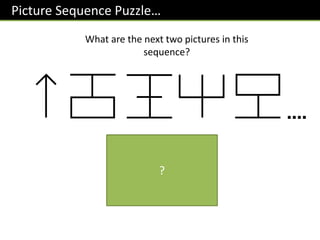 Picture Sequence Puzzle…
What are the next two pictures in this
sequence?
It’s the numbers 1, 2, 3, …
but reflected. Sneaky!
?
 