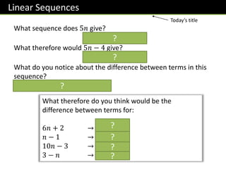 Linear Sequences
What sequence does 5𝑛 give?
𝟓, 𝟏𝟎, 𝟏𝟓, 𝟐𝟎, …
What therefore would 5𝑛 − 4 give?
𝟏, 𝟔, 𝟏𝟏, 𝟏𝟔, …
What do you notice about the difference between terms in this
sequence?
It goes up by 5 each time.
What therefore do you think would be the
difference between terms for:
6𝑛 + 2 → 6
𝑛 − 1 → 1
10𝑛 − 3 → 10
3 − 𝑛 → −1
?
?
?
?
?
?
?
Today’s title
 