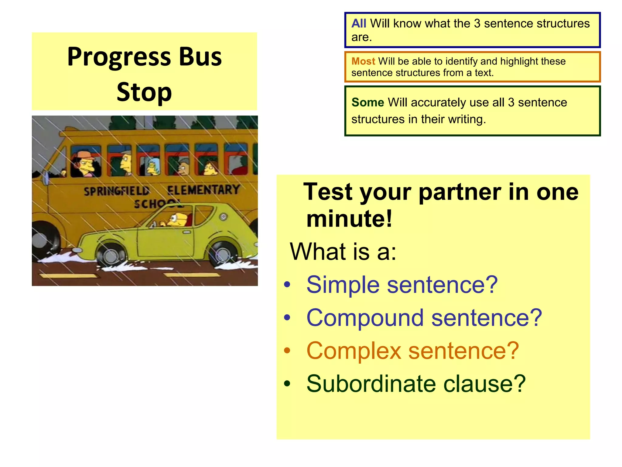 Progress Bus
Stop
All Will know what the 3 sentence structures
are.
Most Will be able to identify and highlight these
sentence structures from a text.
Some Will accurately use all 3 sentence
structures in their writing.
Test your partner in one
minute!
What is a:
• Simple sentence?
• Compound sentence?
• Complex sentence?
• Subordinate clause?
 