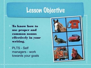 Lesson Objective
To know how to
use proper and
common nouns
effectively in your
writing.
PLTS - Self
managers - work
towards your goals
 
