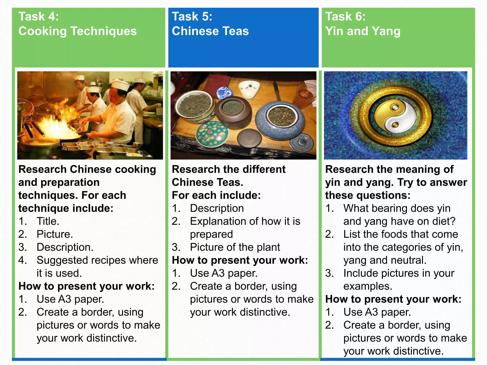 Task 4:                        Task 5:                        Task 6:
Cooking Techniques             Chinese Teas                   Yin and Yang




Research Chinese cooking       Research the different         Research the meaning of
and preparation                Chinese Teas.                  yin and yang. Try to answer
techniques. For each           For each include:              these questions:
technique include:             1. Description                 1. What bearing does yin
1. Title.                      2. Explanation of how it is        and yang have on diet?
2. Picture.                       prepared                    2. List the foods that come
3. Description.                3. Picture of the plant            into the categories of yin,
4. Suggested recipes where     How to present your work:          yang and neutral.
   it is used.                 1. Use A3 paper.               3. Include pictures in your
How to present your work:      2. Create a border, using          examples.
1. Use A3 paper.                  pictures or words to make   How to present your work:
2. Create a border, using         your work distinctive.      1. Use A3 paper.
   pictures or words to make                                  2. Create a border, using
   your work distinctive.                                         pictures or words to make
                                                                  your work distinctive.
 