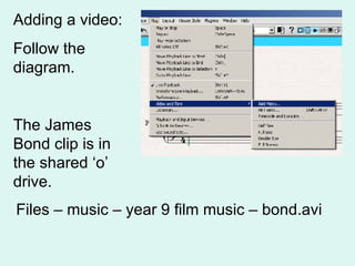 Adding a video: Follow the diagram. The James Bond clip is in the shared ‘o’ drive. Files – music – year 9 film music – bond.avi 