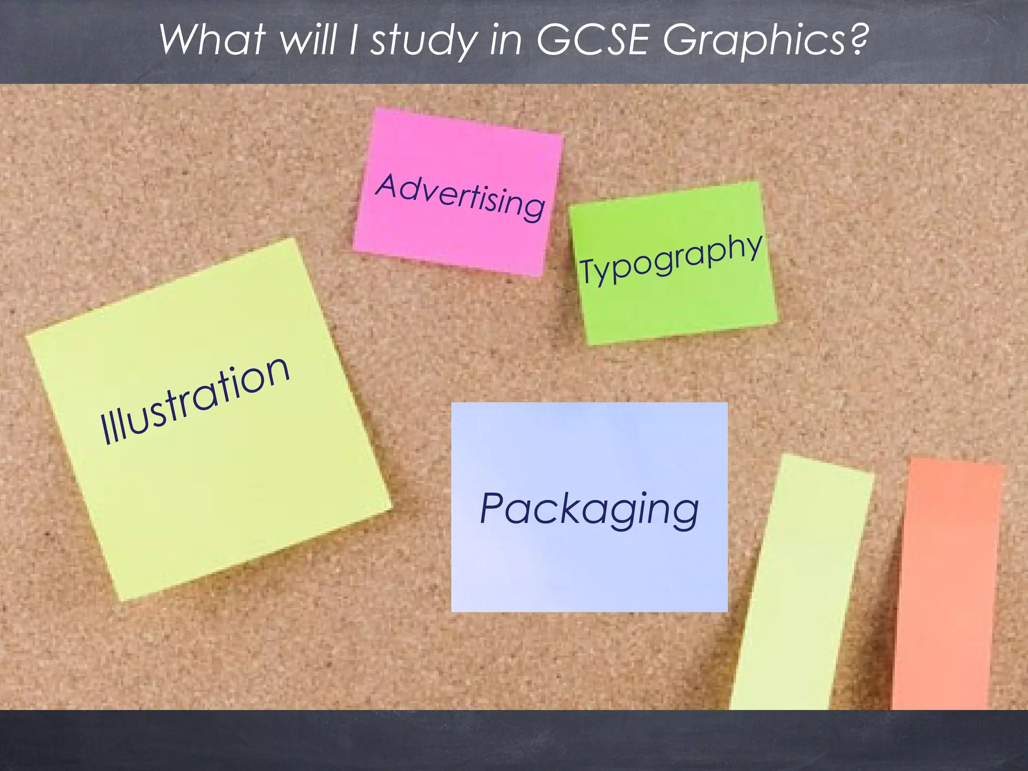 What will I study in GCSE Graphics?
Illustration
Typography
Advertising
Packaging
 