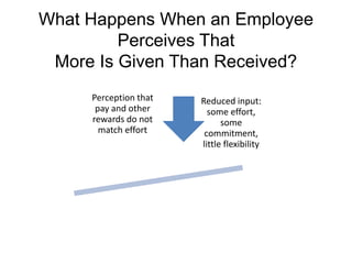 What Happens When an Employee
Perceives That
More Is Given Than Received?
Perception that
pay and other
rewards do not
match effort
Reduced input:
some effort,
some
commitment,
little flexibility
 