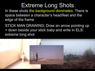 Extreme Long Shots
In these shots the background dominates. There is
space between a character’s head/feet and the
edge of the frame
STICK MAN DRAWING: Draw an arrow pointing up
+ down beside your stick baby and write in ELS:
extreme long shot
 