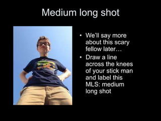 Medium long shot
• We’ll say more
about this scary
fellow later…
• Draw a line
across the knees
of your stick man
and label this
MLS: medium
long shot
 