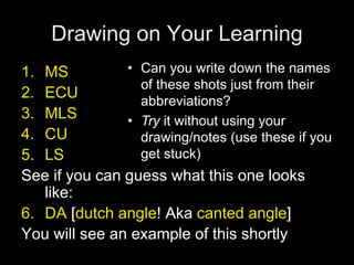 Drawing on Your Learning
1. MS
2. ECU
3. MLS
4. CU
5. LS
See if you can guess what this one looks
like:
6. DA [dutch angle! Aka canted angle]
You will see an example of this shortly
• Can you write down the names
of these shots just from their
abbreviations?
• Try it without using your
drawing/notes (use these if you
get stuck)
 