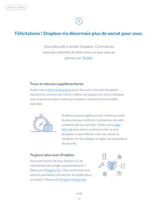 Vous êtes prêt à utiliser Dropbox. Commencez
sans plus attendre et dites-nous ce que vous en
pensez sur Twitter.​
Félicitations ! Dropbox n’a désormais plus de secret pour vous.
5
suite
Trucs et astuces supplémentaires
Visitez notre centre d’assistance pour découvrir comment récupérer
d’anciennes versions des fichiers, libérer de l’espace sur votre ordinateur
avec la synchronisation sélective et explorer d’autres fonctionnalités
avancées.
Dropbox propose également de nombreux outils
de sécurité pour renforcer la protection de votre
compte et de vos données. Visitez notre page
Sécurité pour savoir comment créer un mot
de passe unique difficile à deviner, activer la
validation en deux étapes et régler vos paramètres
de sécurité.
Toujours plus avec Dropbox
Vous avez besoin de plus d’espace ou de
commandes de partage supplémentaires ?
Découvrez Dropbox Pro. Vous recherchez une
solution permettant d’améliorer la collaboration
au travail ? Découvrez Dropbox Entreprises.
retour au début
 