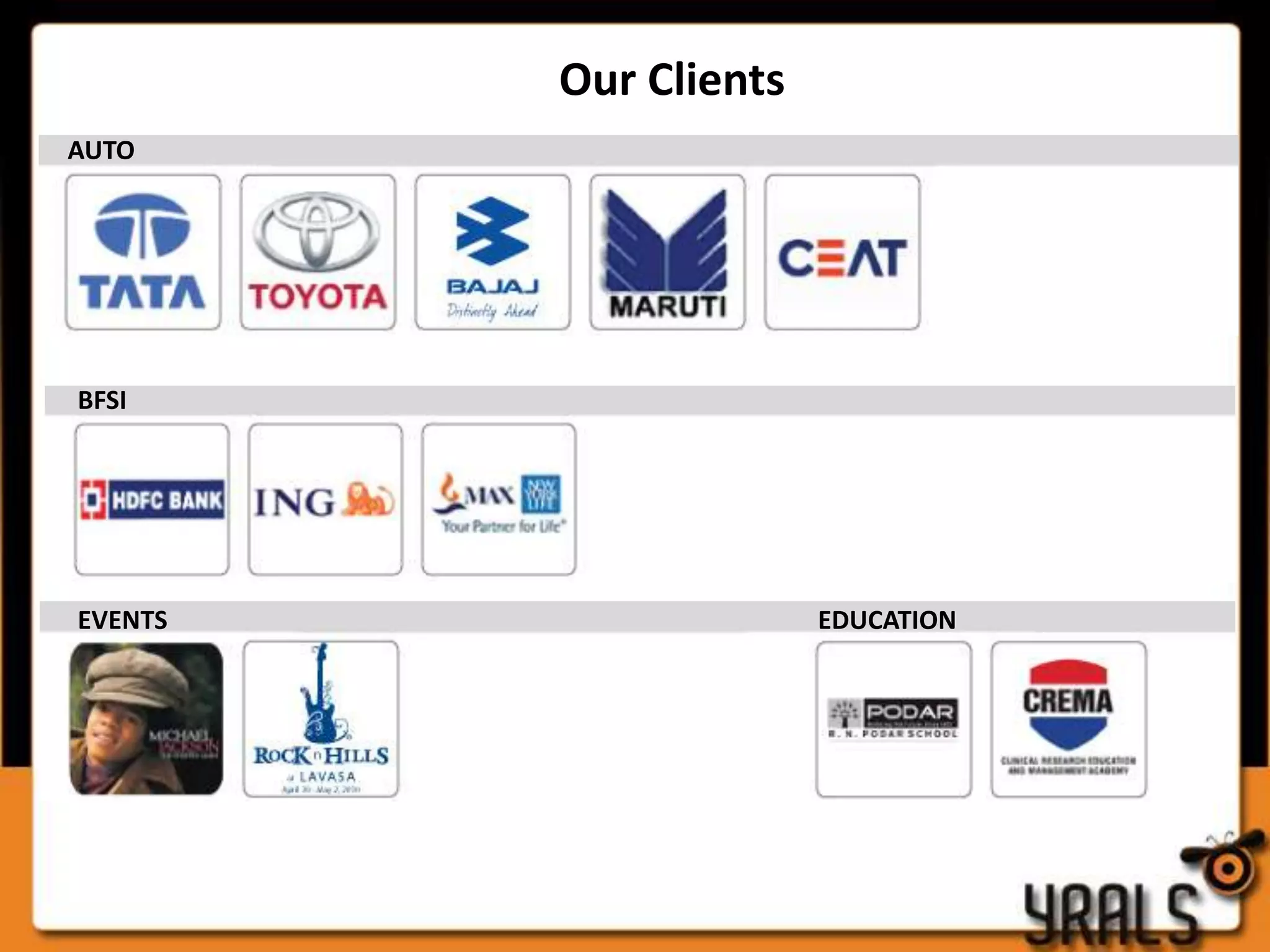 Our Clients
AUTO




BFSI




EVENTS                 EDUCATION
 