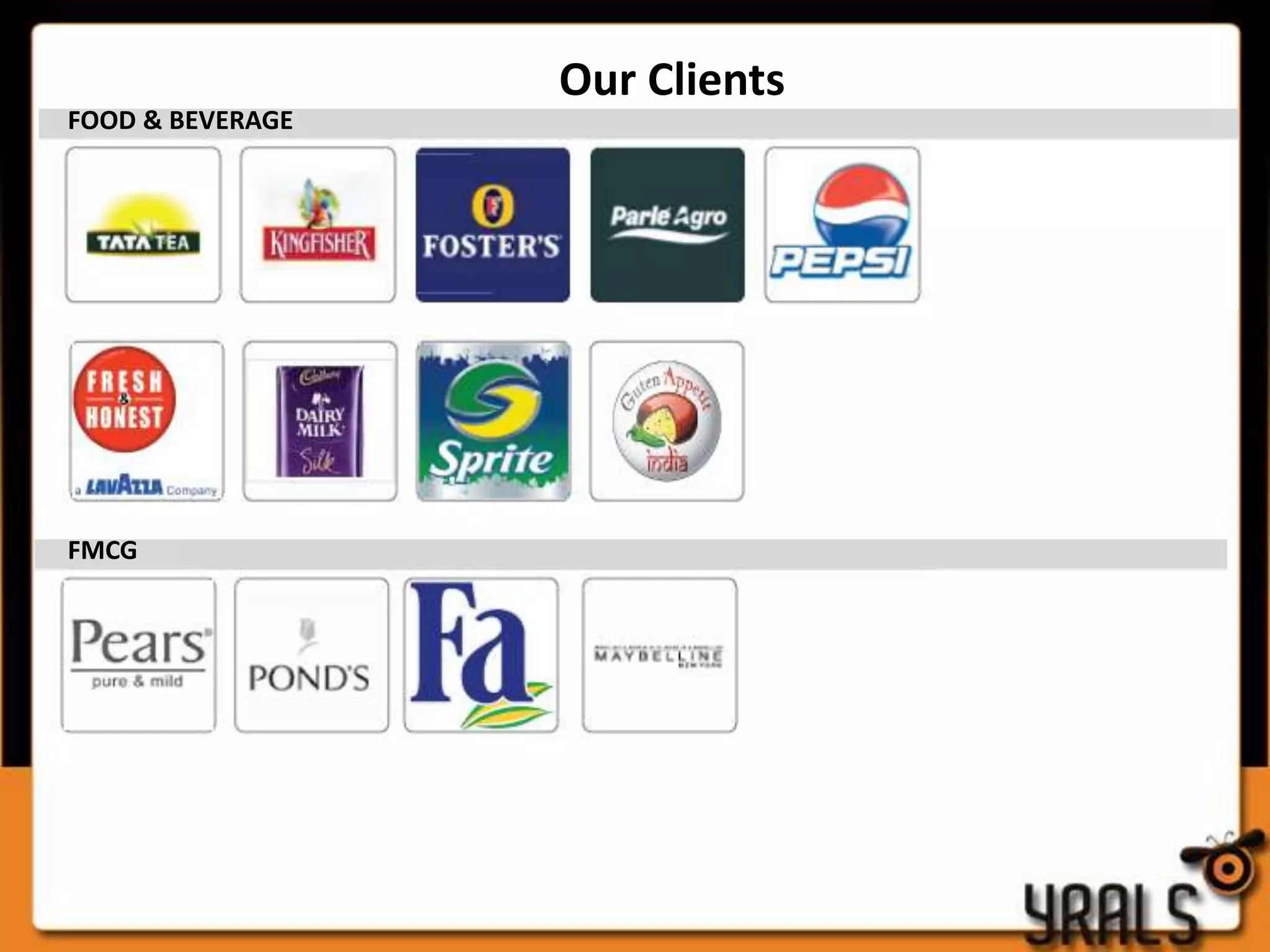 Our Clients
FOOD & BEVERAGE




FMCG
 