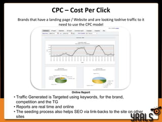 CPC – Cost Per ClickBrands that have a landing page / Website and are looking todrive traffic to itneed to use the CPC modelOnline Report Traffic Generated is Targeted using keywords, for the brand,      competition and the TG Reports are real time and online
