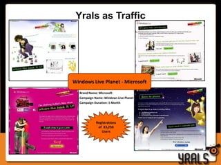 Yrals as TrafficBrand Name: Tata IndicomCampaign Name: Photon Plus/ Speed Ka Baap Viral VideoCampaign Duration: 1 MonthClicks: 8,000Brand Name: Star PlusCampaign Name: Sach Ka SaamnaCampaign Duration: 1 MonthClicks: 40,000