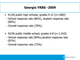 Georgia YRBS -2009 41/50 public high schools, grades 9-12 (n=1882) - School response rate (86%), student response rate (86%) - Overall response rate (70%). 42/50 public middle school, grades 6-8 (n=1,910) - School response rate (84%),student response rate (87%) - Overall response rate (73%) 