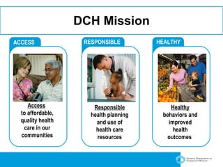 DCH Mission ACCESS Access   to affordable, quality health care in our communities RESPONSIBLE Responsible  health planning and use of health care resources HEALTHY Healthy  behaviors and improved health outcomes  