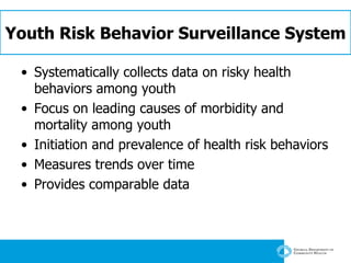 Youth Risk Behavior Surveillance System Systematically collects data on risky health behaviors among youth Focus on leading causes of morbidity and mortality among youth Initiation and prevalence of health risk behaviors Measures trends over time Provides comparable data 