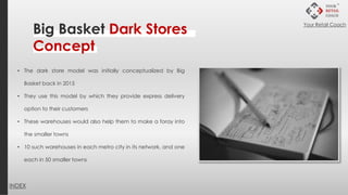 Big Basket Dark Stores
Concept
• The dark store model was initially conceptualized by Big
Basket back in 2015
• They use this model by which they provide express delivery
option to their customers
• These warehouses would also help them to make a foray into
the smaller towns
• 10 such warehouses in each metro city in its network, and one
each in 50 smaller towns
INDEX
Your Retail Coach
 