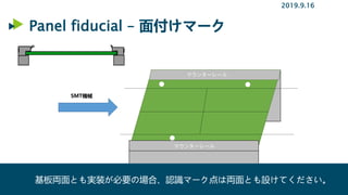 Panel fiducial – 面付けマーク
2019.9.16
SMT機械
マウンターレール
マウンターレール
基板両面とも実装が必要の場合、認識マーク点は両面とも設けてください。
 