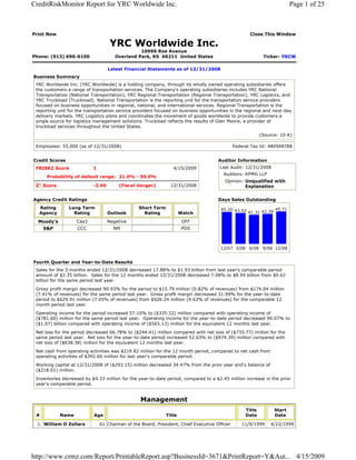 CreditRiskMonitor Report for YRC Worldwide Inc.                                                                         Page 1 of 25



Print Now                                                                                           Close This Window

                                    YRC Worldwide Inc.
                                                10990 Roe Avenue
Phone: (913) 696-6100                 Overland Park, KS 66211 United States                                Ticker: YRCW

                                   Latest Financial Statements as of 12/31/2008
Business Summary
 YRC Worldwide Inc. (YRC Worldwide) is a holding company, through its wholly owned operating subsidiaries offers
 the customers a range of transportation services. The Company's operating subsidiaries includes YRC National
 Transportation (National Transportation), YRC Regional Transportation (Regional Transportation), YRC Logistics, and
 YRC Truckload (Truckload). National Transportation is the reporting unit for the transportation service providers
 focused on business opportunities in regional, national, and international services. Regional Transportation is the
 reporting unit for the transportation service providers focused on business opportunities in the regional and next-day
 delivery markets. YRC Logistics plans and coordinates the movement of goods worldwide to provide customers a
 single source for logistics management solutions. Truckload reflects the results of Glen Moore, a provider of
 truckload services throughout the United States.
                                                                                                          (Source: 10-K)

 Employees: 55,000 (as of 12/31/2008)                                                        Federal Tax Id: 480948788


Credit Scores                                                                        Auditor Information
 FRISK2 Score              1                                    4/15/2009            Last Audit: 12/31/2008
                                                                                       Auditors: KPMG LLP
      Probability of default range: 21.0% - 50.0%
                                                                                        Opinion: Unqualified with
 Z" Score                  -2.60       (Fiscal danger)         12/31/2008                        Explanation


Agency Credit Ratings                                                                Days Sales Outstanding
  Rating        Long Term                       Short Term                            45.20 43.52             45.71
  Agency          Rating           Outlook        Rating             Watch                        41.31 42.39

  Moody's          Caa3            Negative                           OFF
     S&P            CCC              NM                               POS



                                                                                      12/07 3/08 6/08 9/08 12/08


Fourth Quarter and Year-to-Date Results
 Sales for the 3 months ended 12/31/2008 decreased 17.88% to $1.93 billion from last year's comparable period
 amount of $2.35 billion. Sales for the 12 months ended 12/31/2008 decreased 7.08% to $8.94 billion from $9.62
 billion for the same period last year.
 Gross profit margin decreased 90.93% for the period to $15.79 million (0.82% of revenues) from $174.04 million
 (7.41% of revenues) for the same period last year. Gross profit margin decreased 31.99% for the year-to-date
 period to $629.91 million (7.05% of revenues) from $926.24 million (9.63% of revenues) for the comparable 12
 month period last year.
 Operating income for the period increased 57.10% to ($335.32) million compared with operating income of
 ($781.60) million for the same period last year. Operating income for the year-to-date period decreased 90.07% to
 ($1.07) billion compared with operating income of ($565.13) million for the equivalent 12 months last year.
 Net loss for the period decreased 66.78% to ($244.41) million compared with net loss of ($735.77) million for the
 same period last year. Net loss for the year-to-date period increased 52.63% to ($974.39) million compared with
 net loss of ($638.38) million for the equivalent 12 months last year.
 Net cash from operating activities was $219.82 million for the 12 month period, compared to net cash from
 operating activities of $392.60 million for last year's comparable period.

 Working capital at 12/31/2008 of ($293.15) million decreased 34.47% from the prior year end's balance of
 ($218.01) million.
 Inventories decreased by $4.33 million for the year-to-date period, compared to a $2.45 million increase in the prior
 year's comparable period.


                                                 Management
                                                                                                  Title         Start
 #          Name           Age                               Title                                Date          Date

 1. William D Zollars          61 Chaiman of the Board, President, Chief Executive Officer      11/9/1999     4/22/1999




http://www.crmz.com/Report/PrintableReport.asp?BusinessId=3671&PrintReport=Y&Aut... 4/15/2009
 