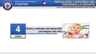 Teoría y métodos del desarrollo
psicológico del niño
UNIDAD
4
PSICOLOGÍA Y ENTORNO DEL
DESARROLLO INFANTIL
Carrera: TECNOLOGÍA SUPERIOR EN DESARROLLO INFANTIL INTEGRAL
 
