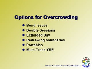 National Association for Year-Round Education Options for Overcrowding Bond Issues Double Sessions Extended Day Redrawing boundaries Portables Multi-Track YRE 