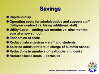 National Association for Year-Round Education Capital outlay  Operating costs for administrative and support staff (full-year contract vs. hiring additional staff) Utility Costs – adding two months vs. nine months year at a new school. Economies of scale Reduced absenteeism -- staff and students Salaried administrators in charge of summer school Reductions in numbers of textbooks and desks Reduced lease costs -- portables Savings 