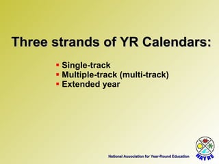 National Association for Year-Round Education Single-track Multiple-track (multi-track) Extended year Three strands of YR Calendars: 
