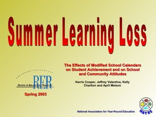 National Association for Year-Round Education Summer Learning Loss The Effects of Modified School Calendars on Student Achievement and on School and Community Attitudes Harris Cooper, Jeffrey Valentine, Kelly Charlton and April Melson Spring 2003 