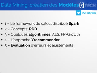 23
#yTechParis
 1 – Le framework de calcul distribué Spark
 2 – Concepts: RDD
 3 – Quelques algorithmes: ALS, FP-Growth
 4 – L’approche Yrecommender
 5 – Evaluation d’erreurs et ajustements
Data Mining, création des Modèles
 