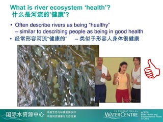 What is river ecosystem ‘health’?
什么是河流的’健康’?
• Often describe rivers as being “healthy”
  – similar to describing people as being in good health
• 经常形容河流“健康的” – 类似于形容人身体很健康




                                                       
 