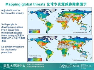 Mapping global threats 全球水资源威胁隐患图示
Adjusted threat to
human water security



3.4 b people in
developing countries
live in areas with
the highest adjusted
threat category发展中
国家34亿人口处于高隐
患区

No similar investment
for biodiversity
protection
 