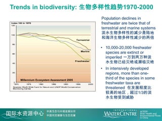 Trends in biodiversity: 生物多样性趋势1970-2000
                                         Population declines in
                                         freshwater are twice that of
                                         terrestrial and marine systems
                                         淡水生物多样性的减少是陆地
                                         和海洋生物多样性减少的两倍

                                         • 10,000-20,000 freshwater
                                           species are extinct or
                                           imperiled 一万到两万种淡
                                           水生物已经灭绝或濒临灭绝
                                         • In intensively developed
                                           regions, more than one-
  Millennium Ecosystem Assessment 2005
                                           third of the species in some
                                           freshwater taxa are
                                           threatened 在发展程度比
                                           较高的地区，超过1/3的淡
                                           水生物受到威胁
 