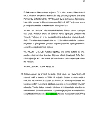 49
Enfo-konsernin liiketoiminnot on jaettu IT- ja teleoperaattoriliiketoimintoi-
hin. Konsernin emoyhtiönä toimii Enfo Oyj, jonka tytäryhtiöitä ovat Enfo
Partner Oy, Enfo Disnet Oy, KPY Palvelut Oy ja Itä-Suomen Toimistorat-
kaisut Oy. Konsernin liikevaihto vuonna 2005 oli 113,7 miljoonaa euroa
ja sen palveluksessa oli keskimäärin 453 työntekijää.
VIERAILUN TAVOITE: Tavoitteena on esitellä Ahmon koulun opettajille
uusi yritys. Vierailun aikana on tarkoitus kertoa opettajille yrittäjyydestä
yleisesti. Tarkoitus on myös kiertää liiketiloja ja tutustua erilaisiin työteh-
täviin. Vierailun ohessa pohdimme eri oppiaineiden suhdetta kyseiseen
yritykseen ja yrittäjyyteen yleisesti. Lopuksi pidämme opettajainkokouk-
sen yrityksen järjestämissä tiloissa.
VIERAILUN TOTETUS: Kuljetus tapahtuu joko omilla autoilla tai linja-
autolla, mikäli rahoitus järjestyy. Olemme olleet yhteydessä Enfo Oyj:n
toimitusjohtaja Arto Herraseen, joka on luvannut ottaa opettajakuntam-
me vastaan.
VIERAILUN AIKATAULU: Kevät 2007
12. Palautepalaveri ja arviointi keväällä. Mikä koulu- ja yritysyhteistyöstä
toteutui, mikä ei toteutunut? Mikä oli projektin lisäarvo ja miten arviointi
vaikuttaa seuraavan lukuvuoden suunnitteluun? Palautepalaverissa mu-
kana oppilaiden vanhempia, opettajia, oppilaita ja luonnollisesti yrityksen
edustajia. Tämän lisäksi projektin toimintaa arvioidaan koko ajan toimin-
nan edetessä yhdessä opettajien, oppilaiden ja yritysten edustajien kes-
ken yhteistoiminnallisesti. (Ks. Osataan yhdessä malli.) (Tolvanen 2006.)
 