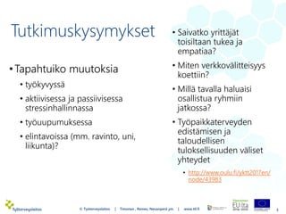Tutkimuskysymykset
•Tapahtuiko muutoksia
• työkyvyssä
• aktiivisessa ja passiivisessa
stressinhallinnassa
• työuupumuksessa
• elintavoissa (mm. ravinto, uni,
liikunta)?
3
• Saivatko yrittäjät
toisiltaan tukea ja
empatiaa?
• Miten verkkovälitteisyys
koettiin?
• Millä tavalla haluaisi
osallistua ryhmiin
jatkossa?
• Työpaikkaterveyden
edistämisen ja
taloudellisen
tuloksellisuuden väliset
yhteydet
• http://www.oulu.fi/yktt2017en/
node/43983
© Työterveyslaitos | Timonen , Remes, Nevanperä ym. | www.ttl.fi
 