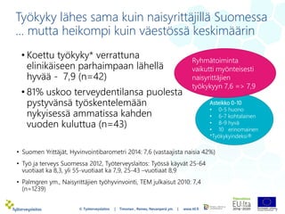 Työkyky lähes sama kuin naisyrittäjillä Suomessa
… mutta heikompi kuin väestössä keskimäärin
• Koettu työkyky* verrattuna
elinikäiseen parhaimpaan lähellä
hyvää - 7,9 (n=42)
• 81% uskoo terveydentilansa puolesta
pystyvänsä työskentelemään
nykyisessä ammatissa kahden
vuoden kuluttua (n=43)
7
• Suomen Yrittäjät, Hyvinvointibarometri 2014: 7,6 (vastaajista naisia 42%)
• Työ ja terveys Suomessa 2012, Työterveyslaitos: Työssä käyvät 25-64
vuotiaat ka 8,3, yli 55-vuotiaat ka 7,9, 25-43 –vuotiaat 8,9
• Palmgren ym., Naisyrittäjien työhyvinvointi, TEM julkaisut 2010: 7,4
(n=1239)
© Työterveyslaitos | Timonen , Remes, Nevanperä ym. | www.ttl.fi
Asteikko 0-10
• 0-5 huono
• 6-7 kohtalainen
• 8-9 hyvä
• 10 erinomainen
*Työkykyindeksi®
Ryhmätoiminta
vaikutti myönteisesti
naisyrittäjien
työkykyyn 7,6 => 7,9
 