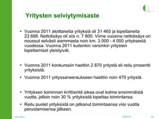 Yritysten selviytymisaste
 Vuonna 2011 aloittaneita yrityksiä oli 31 465 ja lopettaneita
23 688. Nettolisäys oli siis n. 7 800. Viime vuosina nettolisäys on
noussut selvästi aiemmasta noin km. 3 000 - 4 000 yrityksestä
vuodessa. Vuonna 2011 kuitenkin varsinkin yritysten
lopettamiset yleistyivät.
 Vuonna 2011 konkurssiin haettiin 2 870 yritystä eli reilu prosentti
yrityksistä.
 Vuonna 2011 yrityssaneeraukseen haettiin noin 470 yritystä.

 Yrityksen toiminnan kriittisintä aikaa ovat kolme ensimmäistä
vuotta, jolloin noin 30 % yrityksistä lopettaa toimintansa.
 Reilu puolet yrityksistä on jatkanut toimintaansa viisi vuotta
perustamisensa jälkeen.
24.4.2013

2HPO.FI

62

 